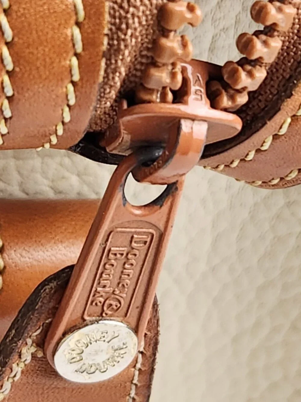 VTG Dooney & Bourke Leather Satchel Cream Pebble Body Tan Trim Brass Duck Fob US